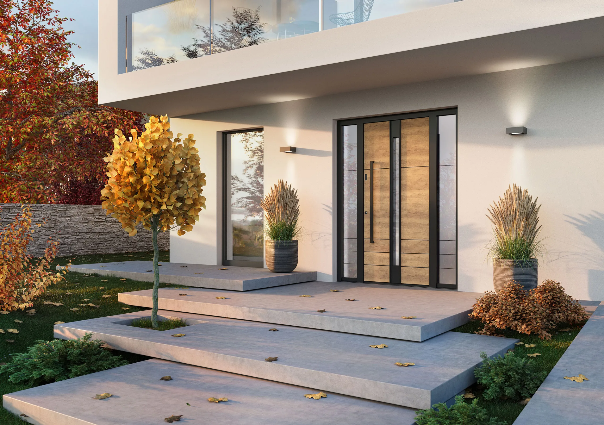 Aluminiowe drzwi wejściowe z naświetlem wpisane w nowoczesną elewację